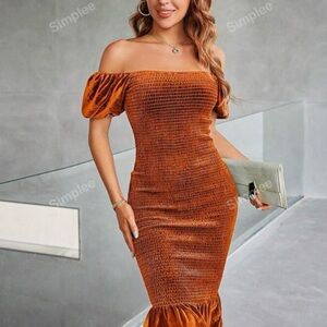 Simple Women's Off-Shoulder Velvet Midi Dress - Orange
